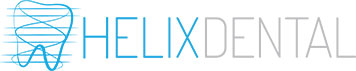 The image shows a logo with the text  HELIX DENTAL  and a stylized graphic resembling a toothbrush, accompanied by a phone number and a website address.