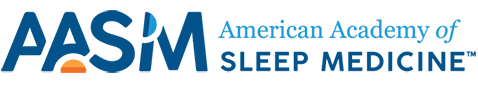 The image shows a logo with text that reads  AASM SLEEP MEDICINE  along with other smaller texts, set against a background that includes a graphic of a person sleeping and a stylized depiction of a building with the words  AMERICAN ACADEMY OF SLEEP MEDICINE  above it.