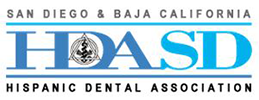 The image displays a logo with text that reads  SAN DIEGO   BAYA CALIFORNIA HSD  followed by an acronym  HSD,  which stands for Hispanic Dental Association, and below that,  HISPANIC DENTAL ASSOCIATION.  The logo is accompanied by a graphic element resembling a wave or a stylized letter  D.