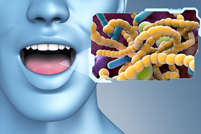 The image features a human face with an open mouth, displaying a microscopic view of bacteria within the mouth cavity, which appears to be a scientific illustration or graphic representation emphasizing oral hygiene or dental health.