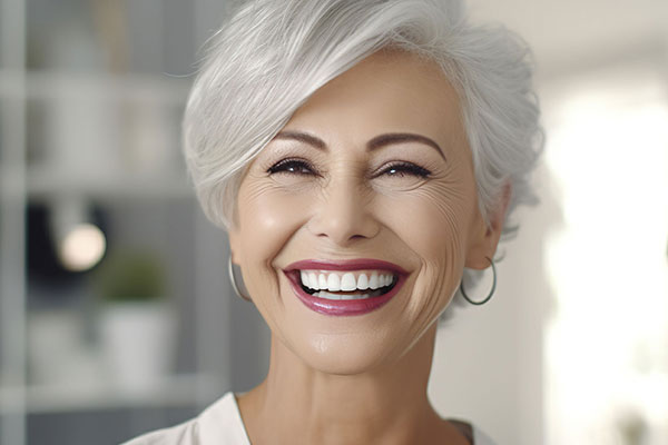 The image shows a woman smiling broadly with her eyes closed, displaying white teeth, and wearing makeup, including lipstick. She has short hair and appears to be indoors.